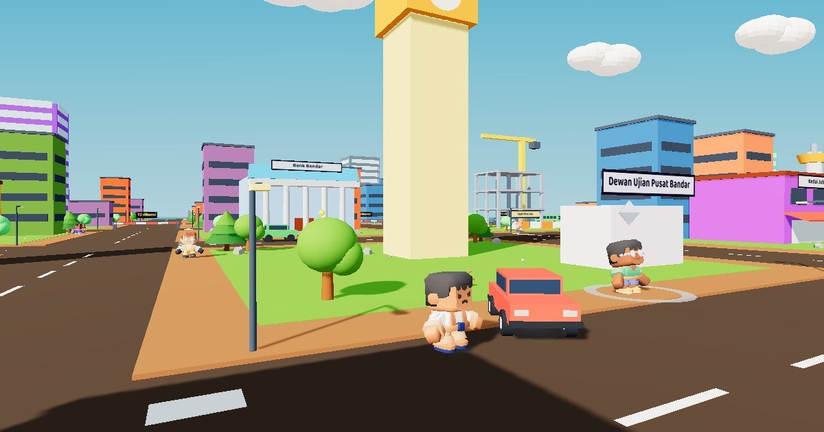 Bandar Matematik: murid chibi di dataran bandar 3D gaya kartun bersama kereta, menara jam dan kedai