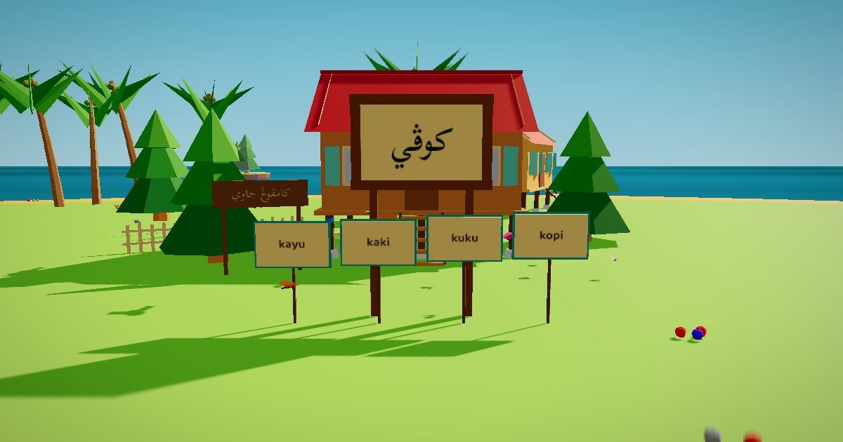Jawi Comel: murid chibi dan kucing Comot di Kampung Jawi dengan rumah kampung dan bendera huruf Jawi
