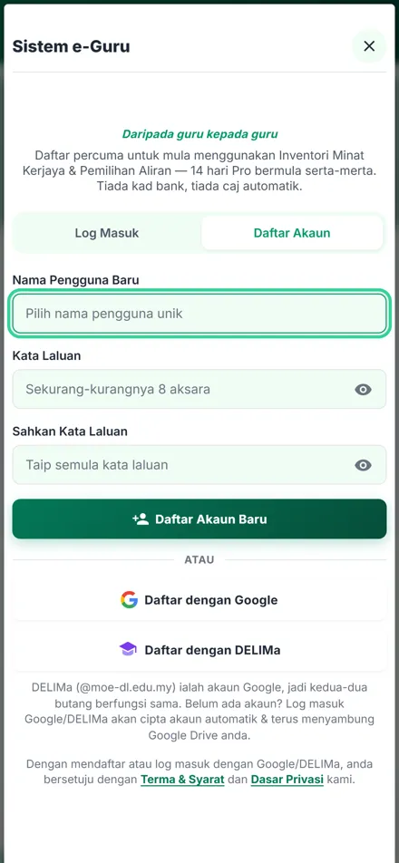 Inventori Minat Kerjaya & Pemilihan Aliran dalam telefon