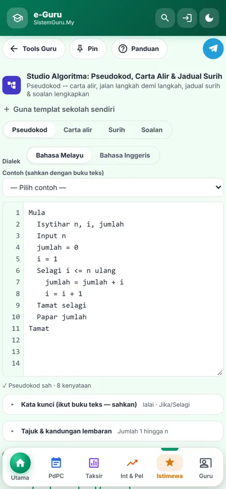 Studio Algoritma: Pseudokod, Carta Alir & Jadual Surih dalam telefon