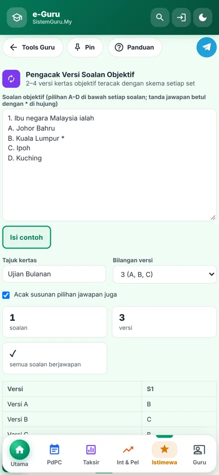 Pengacak Versi Soalan Objektif dalam telefon