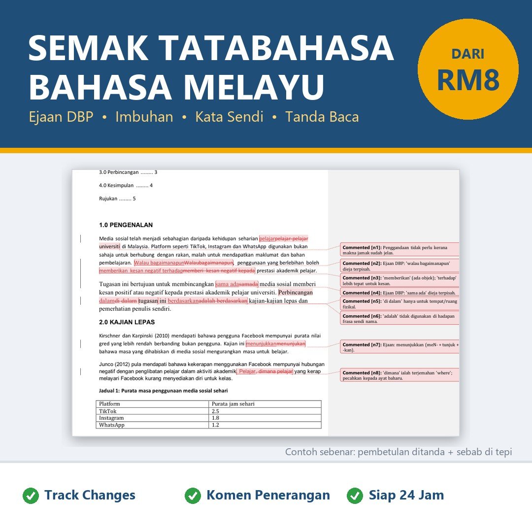 Semak Tatabahasa Bahasa Melayu & Semak Ejaan DBP | Proofread BM Assignment, Tesis, Laporan | Track Changes