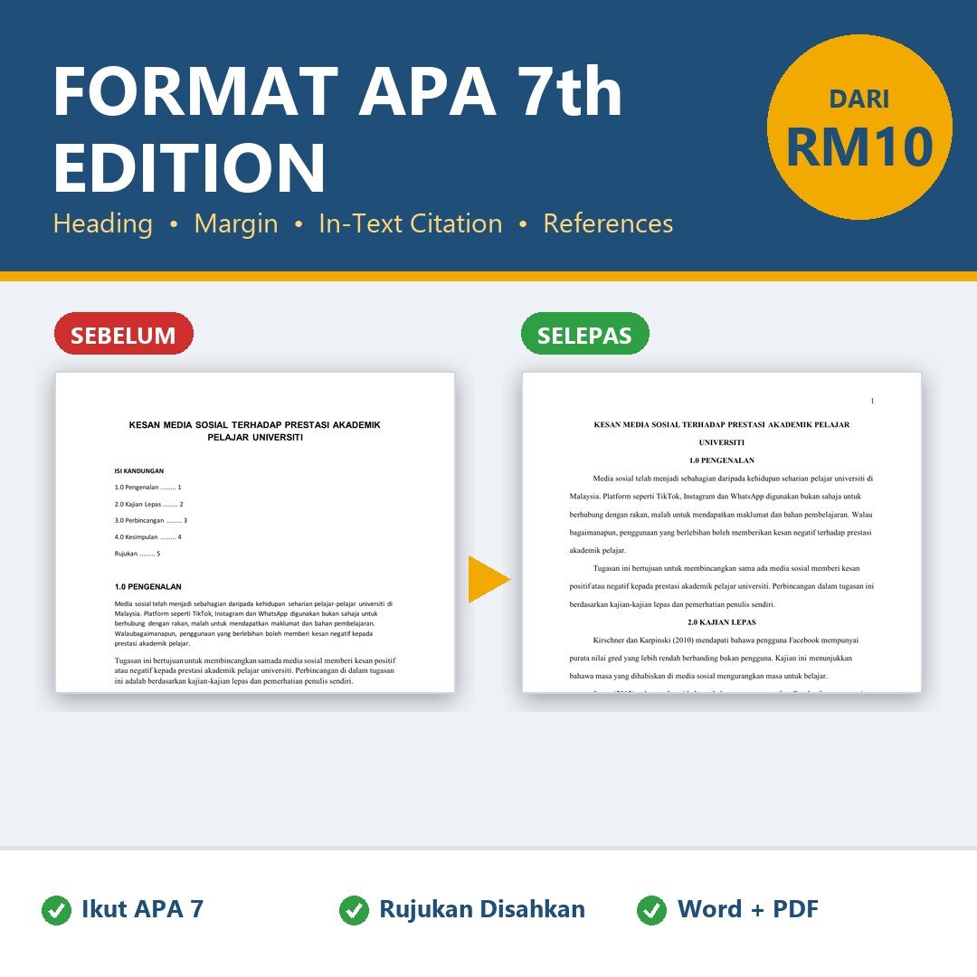Format APA 7th Edition / Edisi 7 | Format Assignment & Rujukan APA | In-Text Citation & Reference List Word