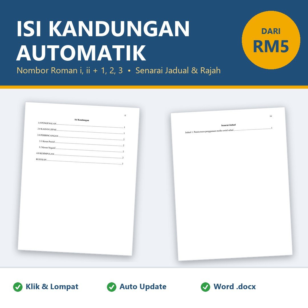 Isi Kandungan Automatik Assignment, Tesis, Folio | Table of Contents Word + Nombor Muka Surat Roman