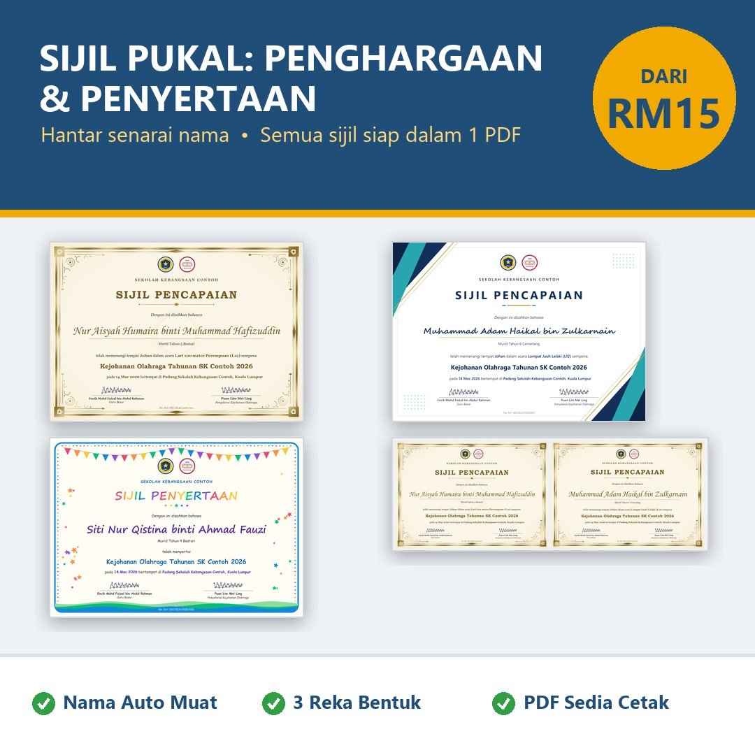 Sijil Penghargaan & Sijil Penyertaan Sekolah | Cetak Sijil Pukal Nama Peserta | PDF Siap Cetak | Program & Majlis