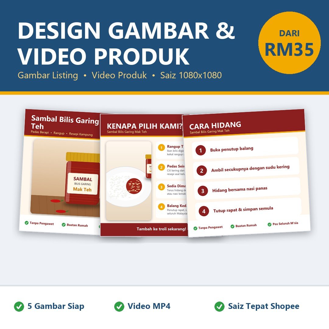 Design Gambar Produk Shopee & Video Produk | Gambar Listing Kedai Online | 5 Gambar 1080x1080 + Video
