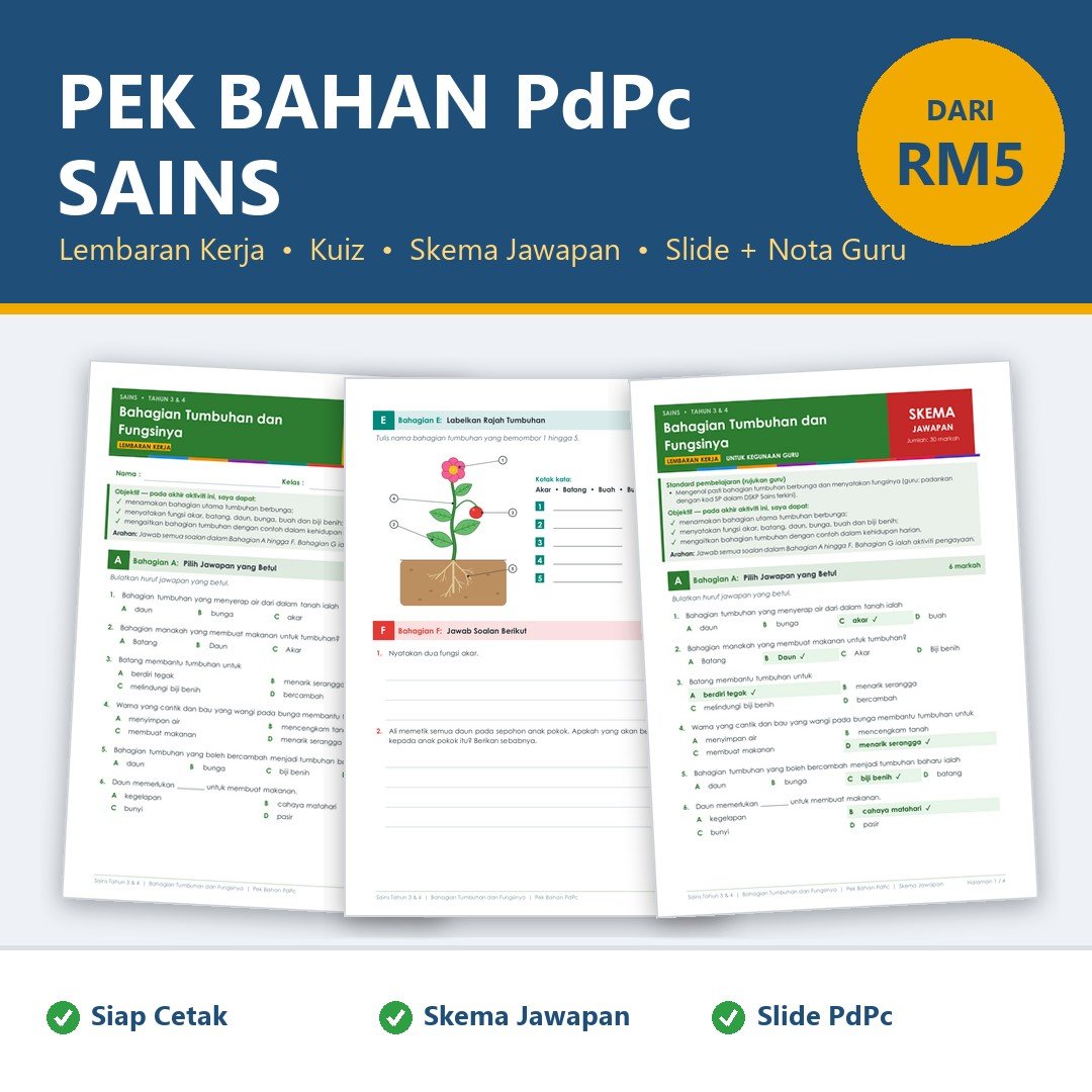 Bahan Bantu Mengajar Sains Sekolah Rendah | Lembaran Kerja, Kuiz, Skema Jawapan & Slide PdPc | Bahagian Tumbuhan