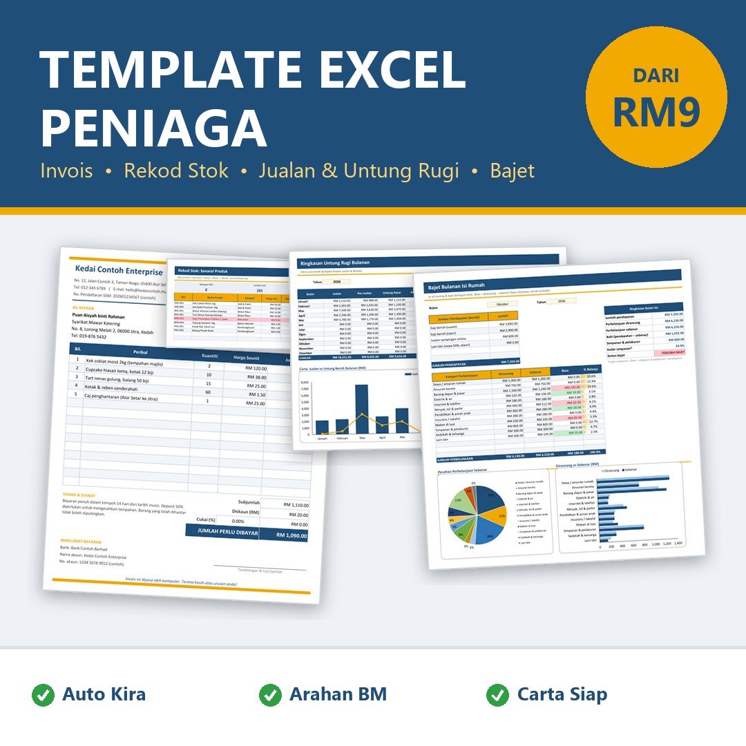 Template Excel Jualan, Rekod Stok, Invois & Belanja Bulanan | Template Excel Peniaga Auto Kira | Untung Rugi