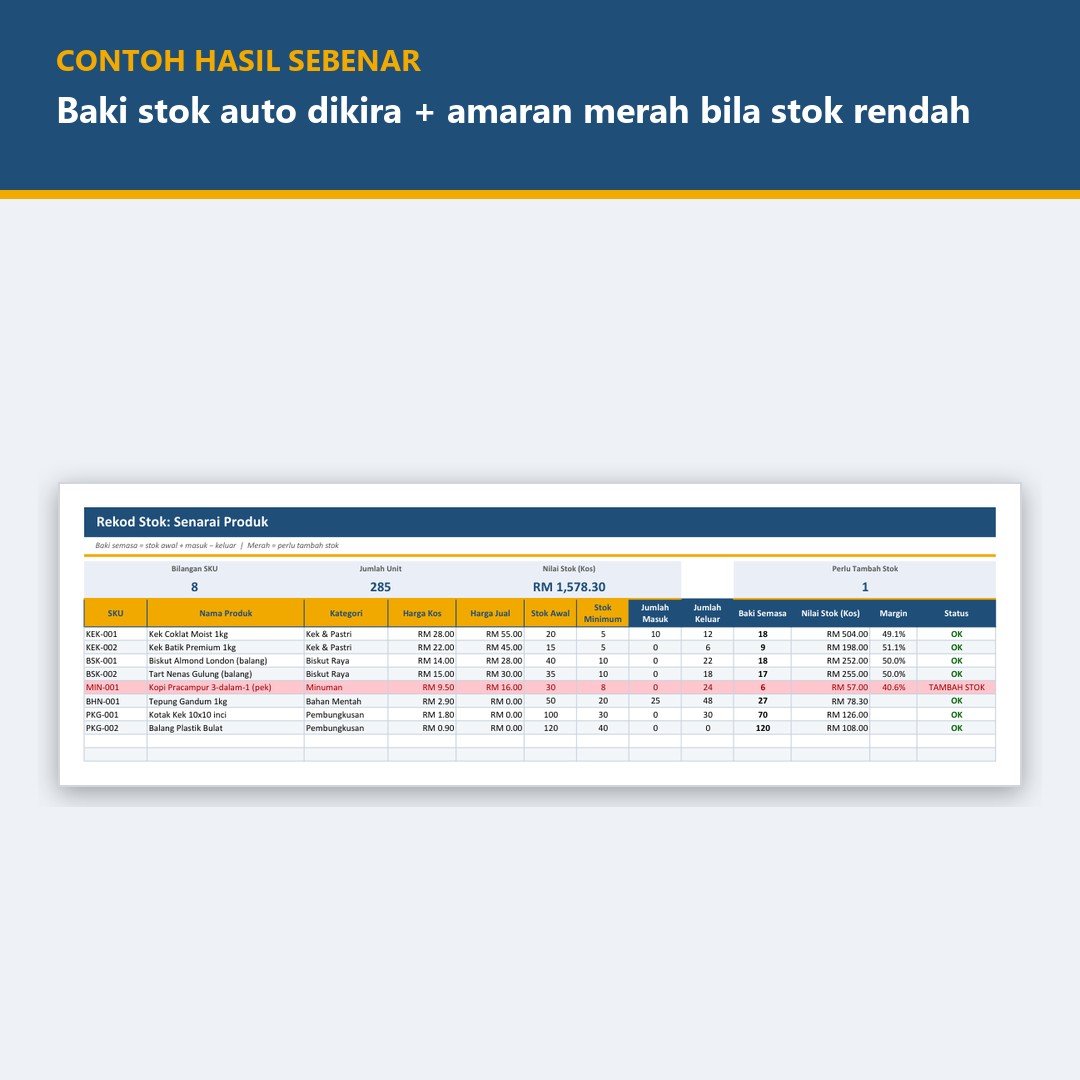 Template Excel Jualan, Rekod Stok, Invois & Belanja Bulanan — gambar 2