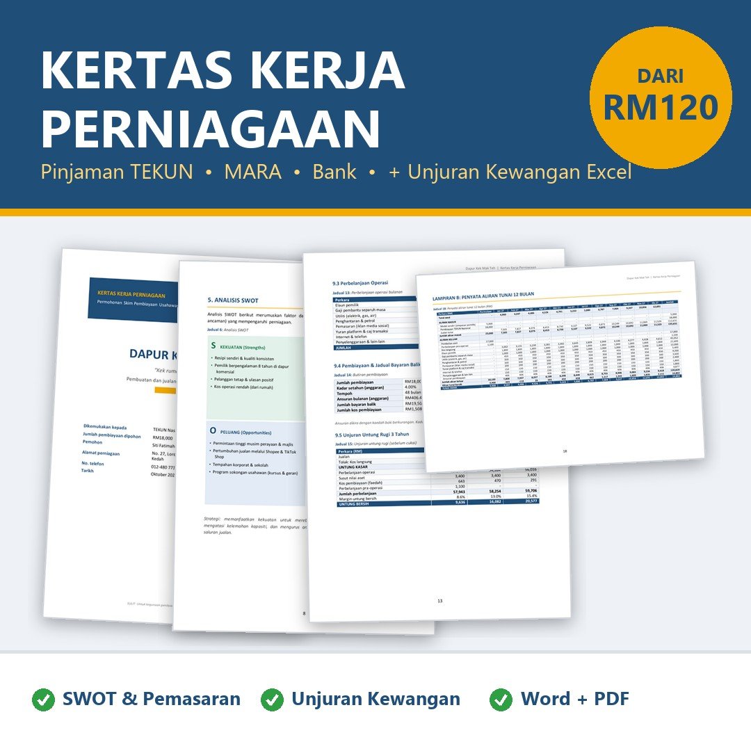 Kertas Kerja Perniagaan & Rancangan Perniagaan | Kertas Kerja Pinjaman TEKUN, MARA, Bank | Unjuran Kewangan Excel