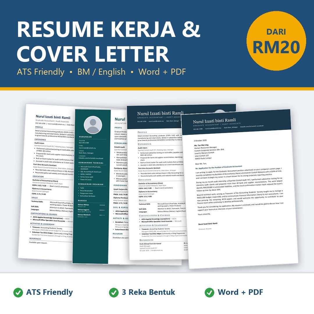 Resume Kerja ATS Friendly & Cover Letter | Contoh Resume Bahasa Melayu / English | Design CV Graduan Word PDF