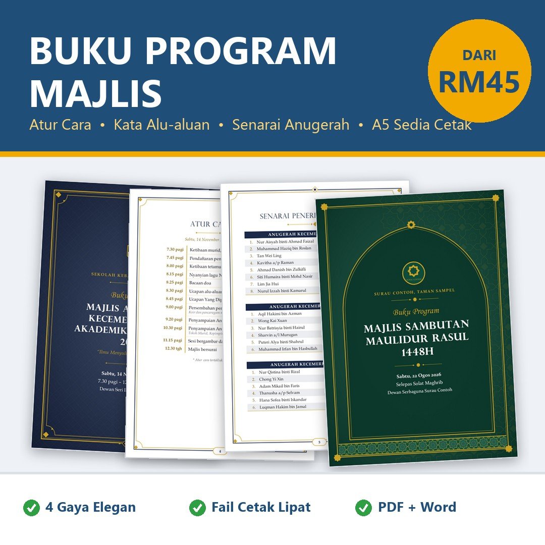 Buku Program Majlis & Aturcara Majlis | Anugerah Kecemerlangan, Persaraan, Maulidur Rasul | PDF Cetak A5 + Word