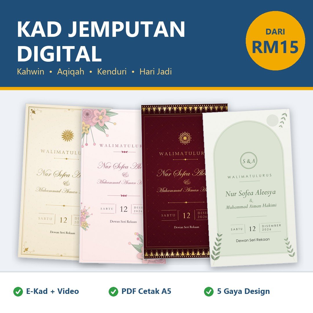 Kad Jemputan Kahwin Digital & E Kad Kahwin, Jemputan Kenduri Aqiqah, Hari Jadi - PNG, Video MP4 & PDF Cetak A5