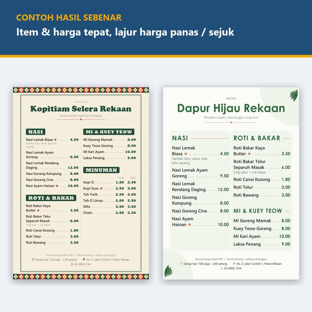 Design Menu Kedai Makan, Design Menu Cafe & Senarai Harga Minuman - A4, A3 Cetak, Papan Landskap & Post 1080 — gambar 2