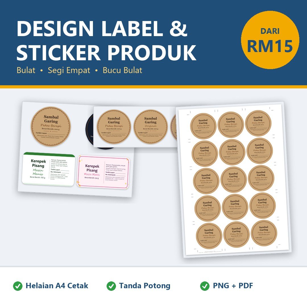 Sticker Label Produk Custom, Design Label Makanan & Sticker Frozen - Bulat, Segi Empat, Helaian A4 Sedia Cetak