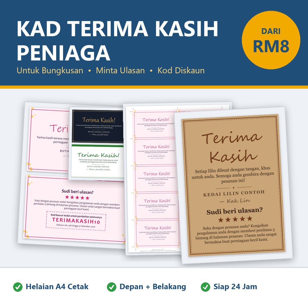 Kad Ucapan Terima Kasih kepada Pelanggan, Thank You Card Peniaga Online - Design Kad Bungkusan, PDF Sedia Cetak A4