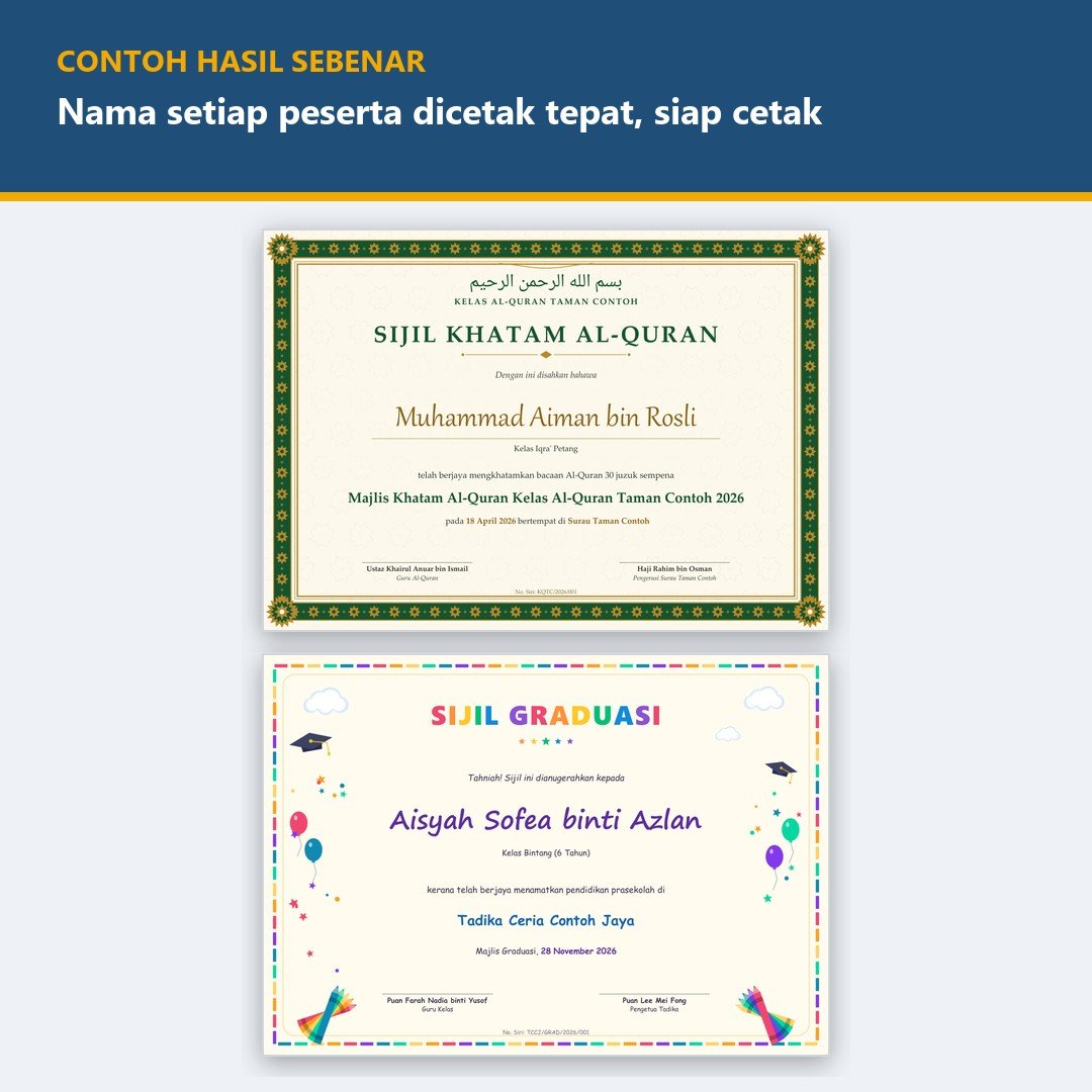 Sijil Khatam Hafazan Al Quran, Sijil Graduasi Tadika & Tahfiz - Cetak Pukal Nama Peserta, PDF Siap Cetak A4 — gambar 2