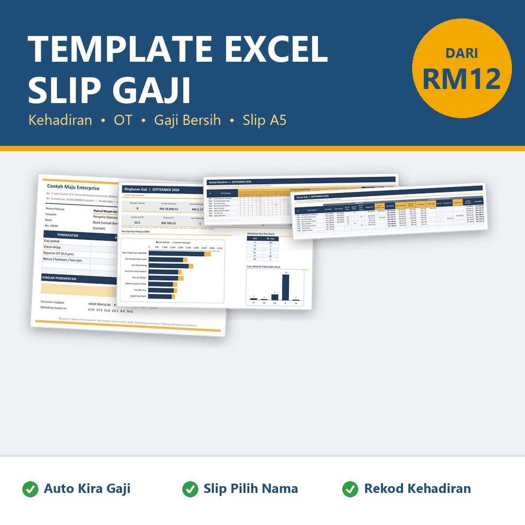 Template Slip Gaji Excel Malaysia, Rekod Kehadiran Pekerja & OT - Kiraan Gaji Automatik, Slip A5 Sedia Cetak