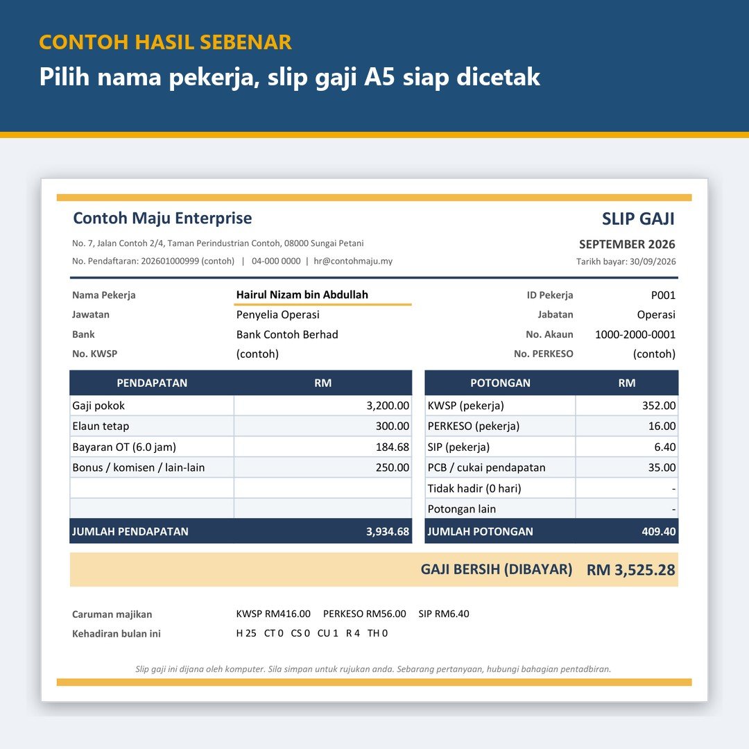 Template Slip Gaji Excel Malaysia, Rekod Kehadiran Pekerja & OT - Kiraan Gaji Automatik, Slip A5 Sedia Cetak — gambar 2