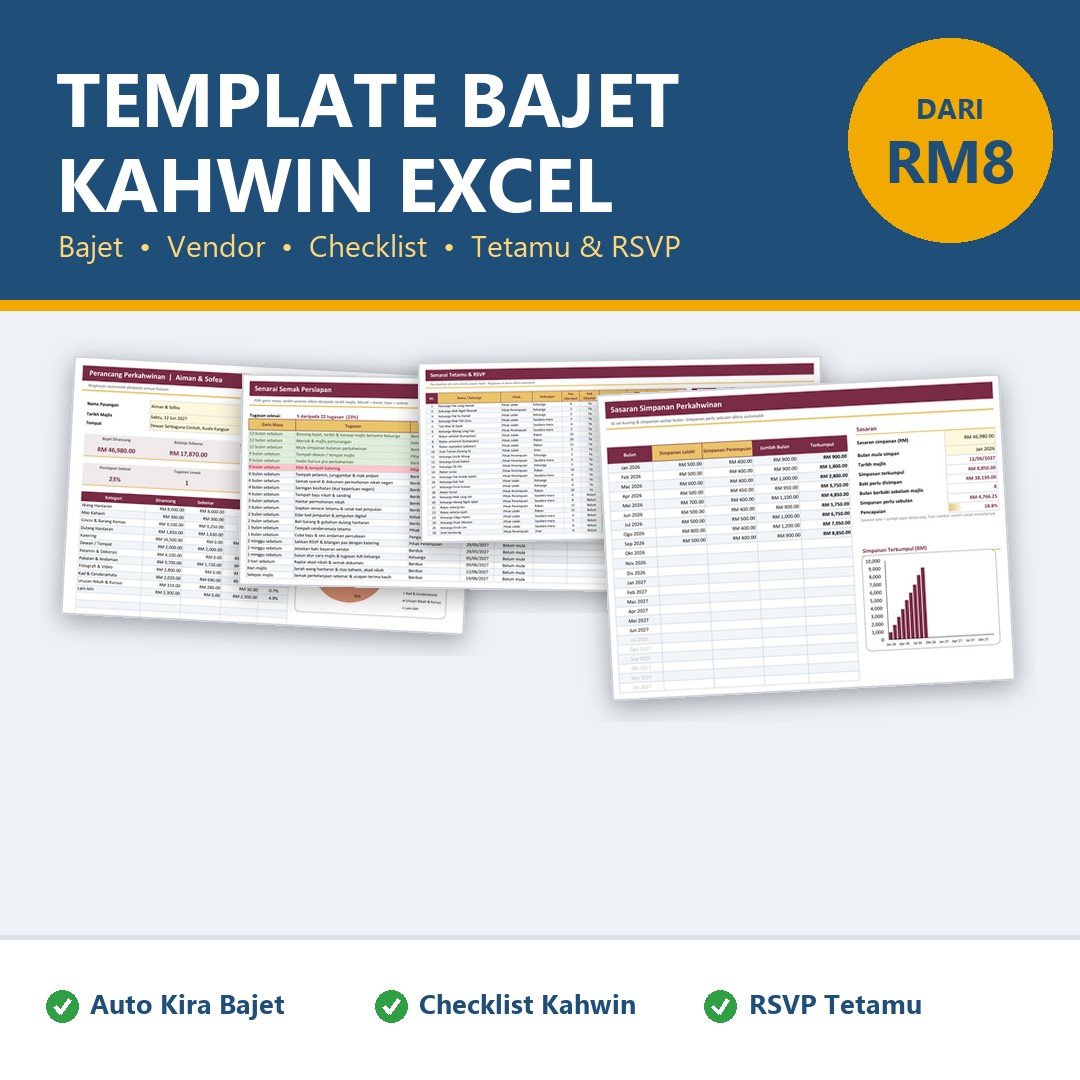 Template Bajet Kahwin Excel, Checklist Kahwin & Perancangan Perkahwinan - Senarai Tetamu RSVP, Vendor, Simpanan