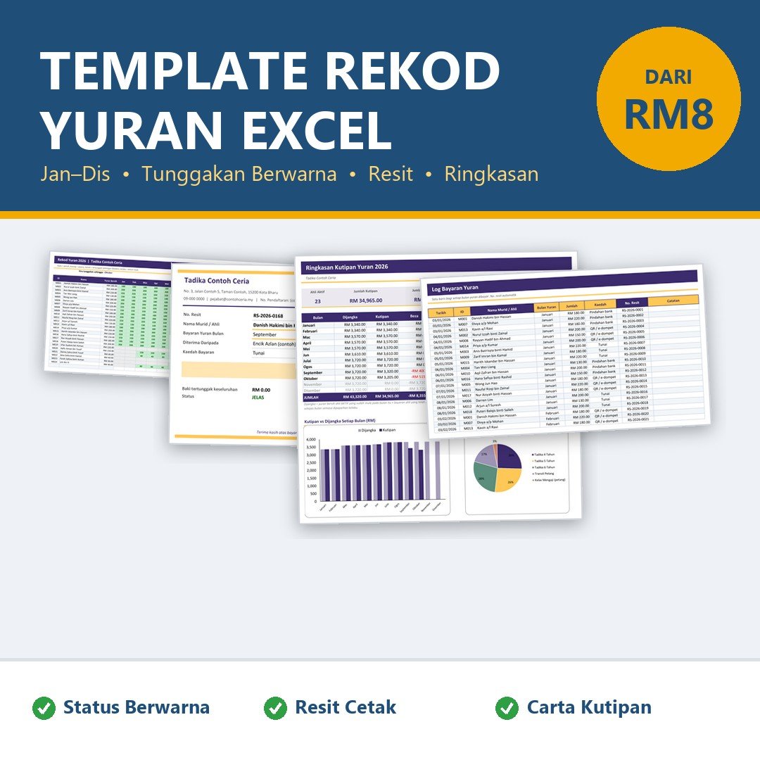 Rekod Kutipan Yuran Excel, Rekod Yuran Bulanan Tadika & Tuisyen - Status Tertunggak Berwarna, Resit Bayaran Auto
