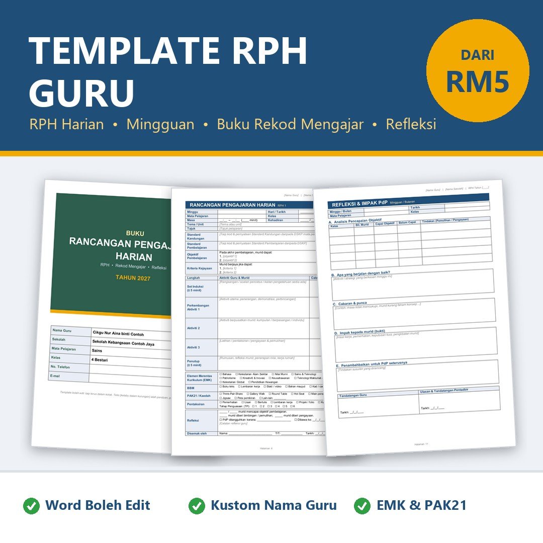 Template RPH Guru Word Boleh Edit - Buku Rekod Mengajar, RPH Harian & Mingguan, Refleksi, Sekolah Rendah Menengah
