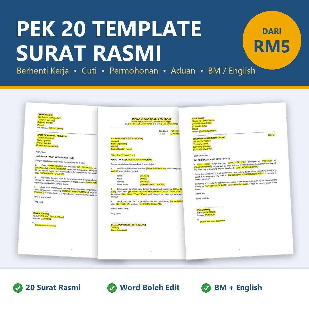 Contoh Surat Rasmi Word Boleh Edit - Berhenti Kerja 24 Jam & Notis Sebulan, Cuti Kerja, Permohonan, BM English