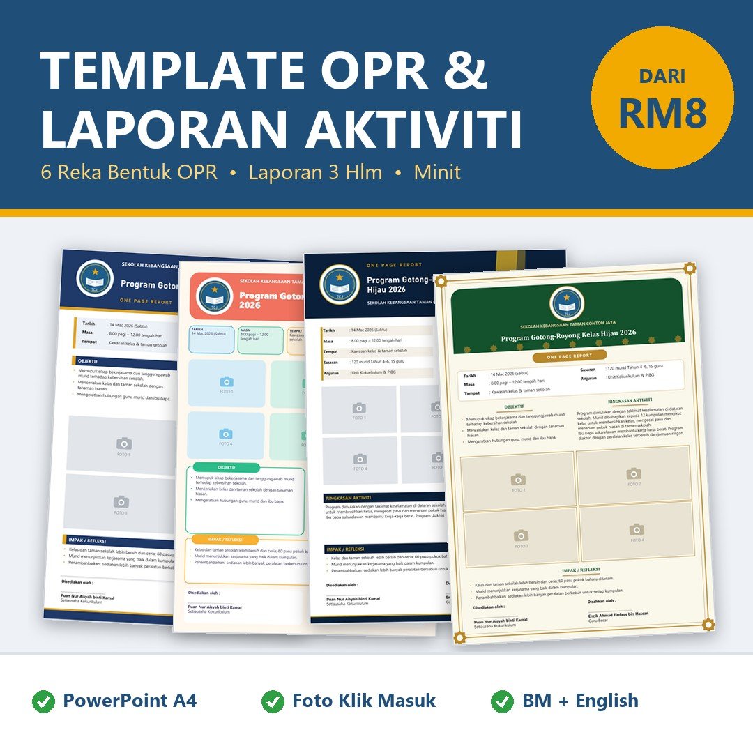 Template OPR Sekolah Boleh Edit, One Page Report & Laporan Aktiviti Program - PowerPoint A4, Minit Mesyuarat