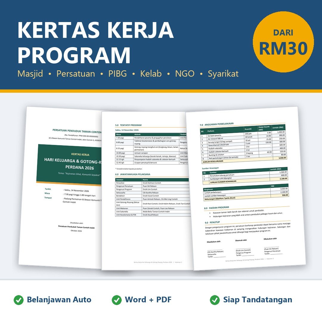 Kertas Kerja Program Aktiviti - Contoh Kertas Kerja Program Family Day, Gotong Royong, PIBG, NGO, Word & PDF