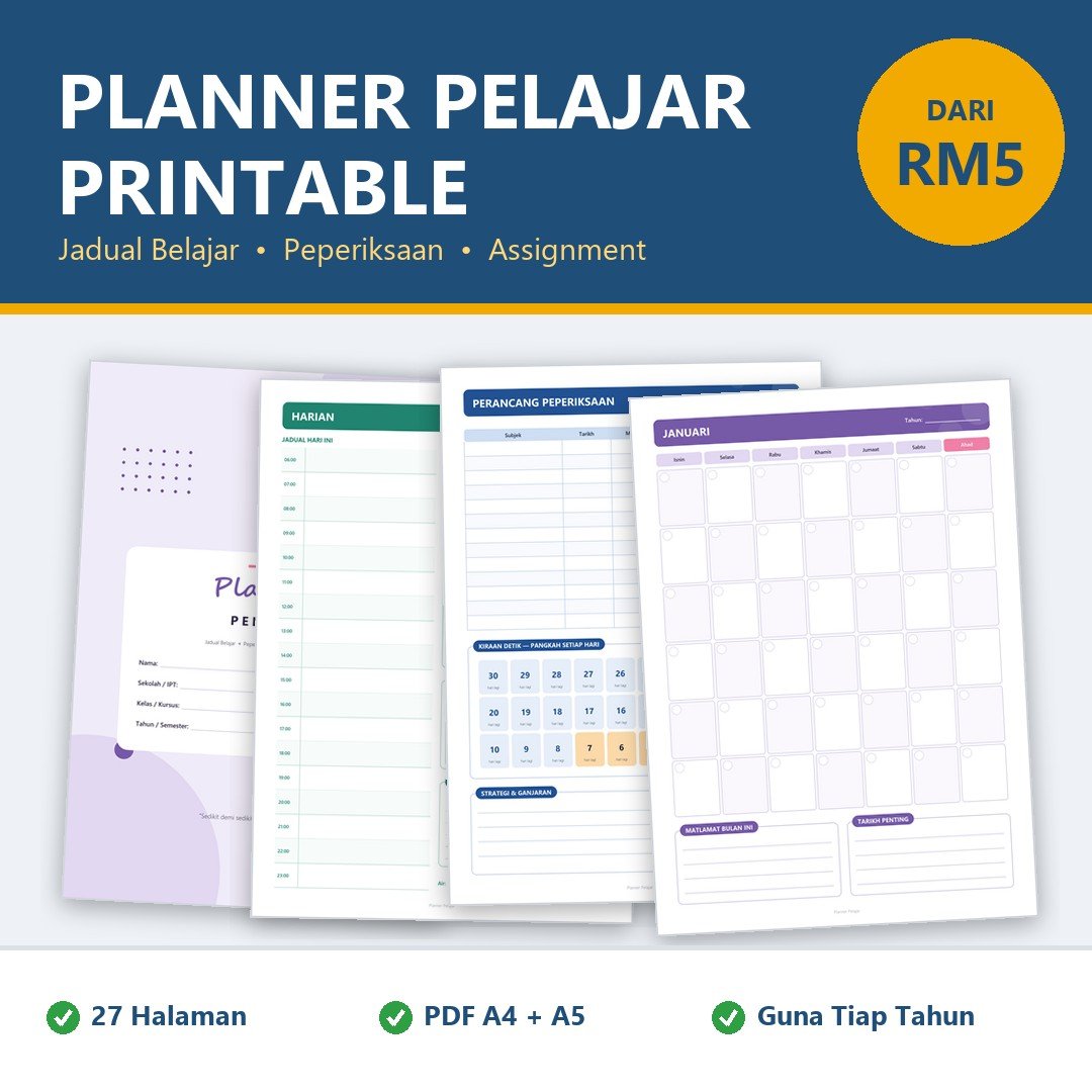 Jadual Waktu Belajar di Rumah & Planner Pelajar Printable PDF A4 A5 - Study Planner SPM & Penjejak Assignment