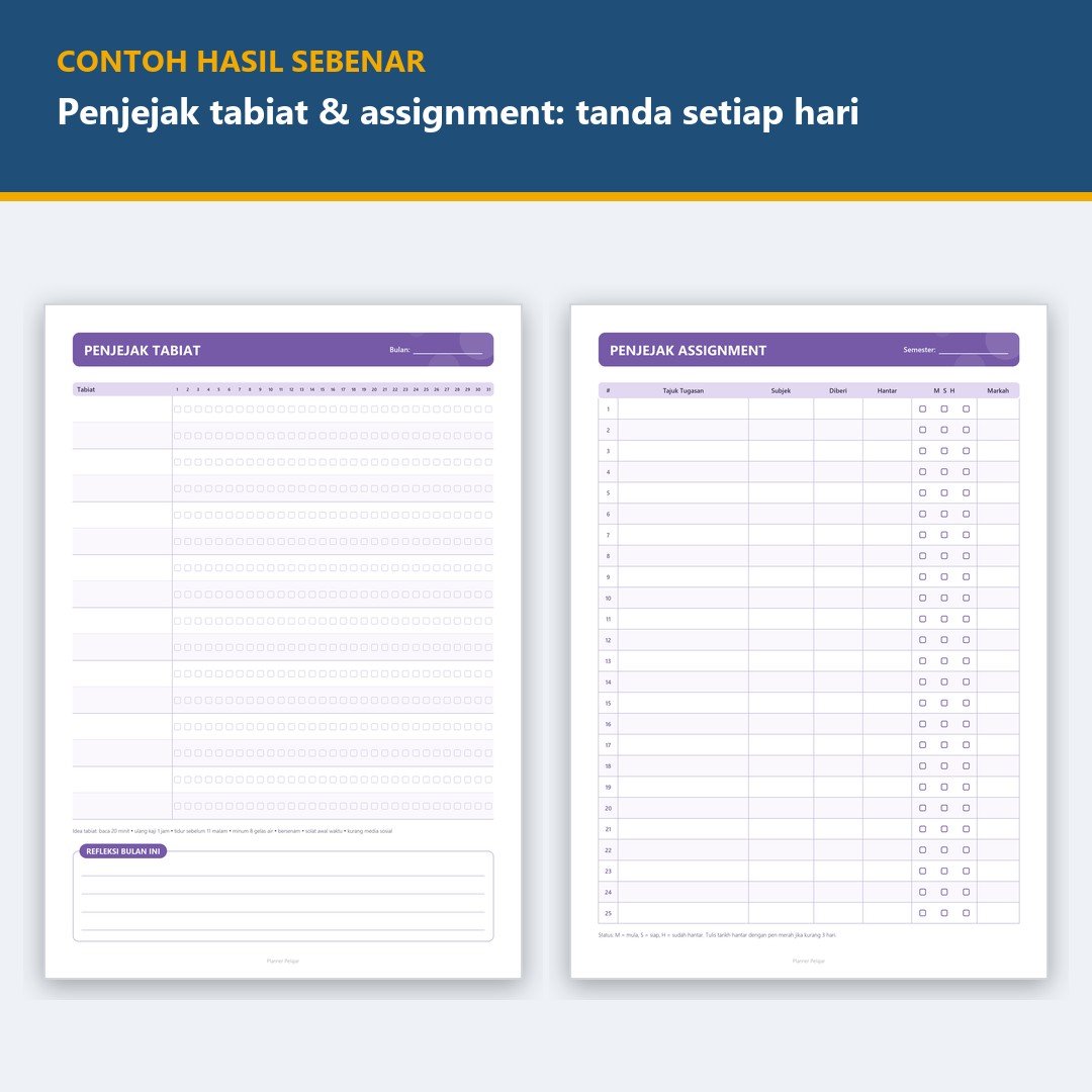 Jadual Waktu Belajar di Rumah & Planner Pelajar Printable PDF A4 A5 - Study Planner SPM & Penjejak Assignment — gambar 2
