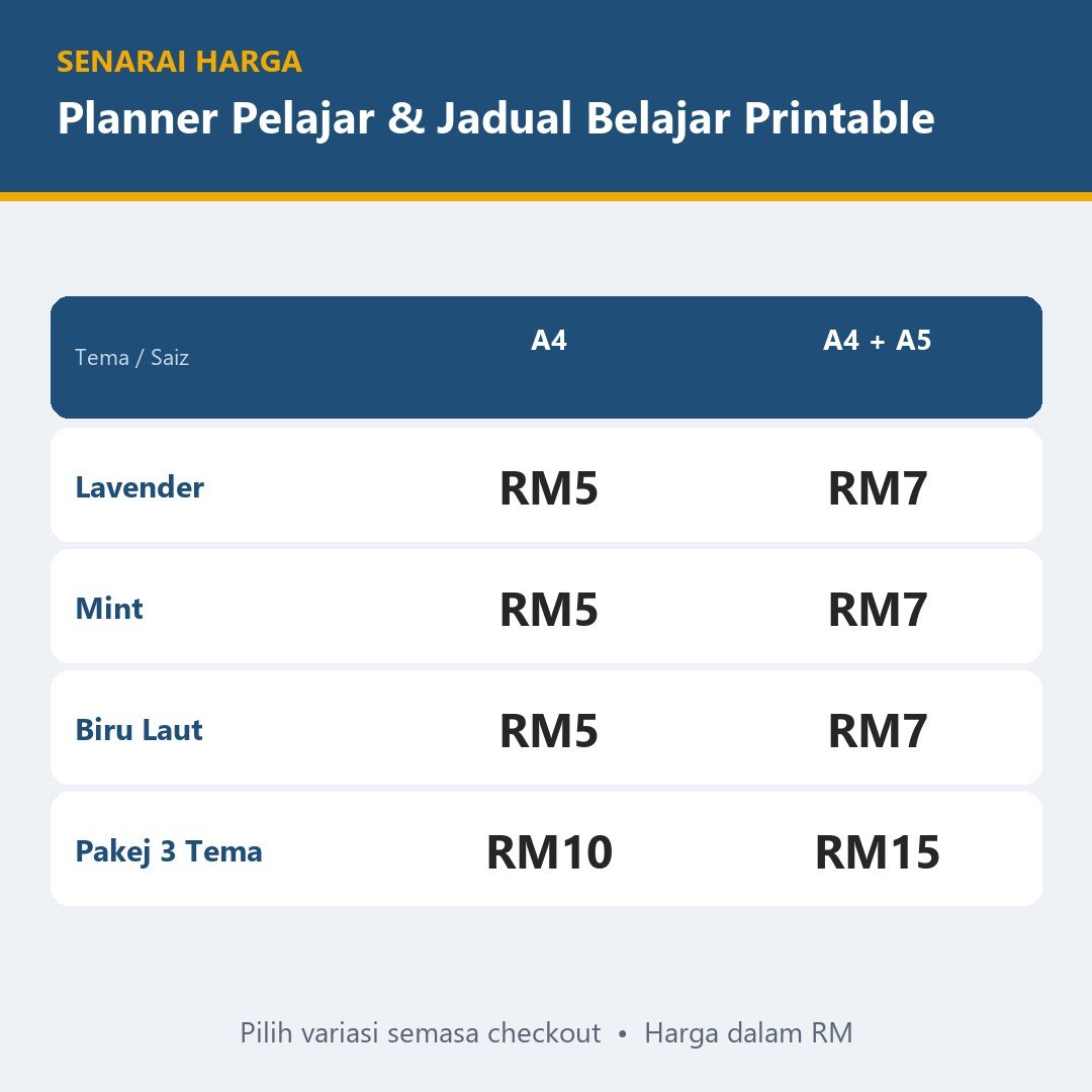 Jadual Waktu Belajar di Rumah & Planner Pelajar Printable PDF A4 A5 - Study Planner SPM & Penjejak Assignment — gambar 3