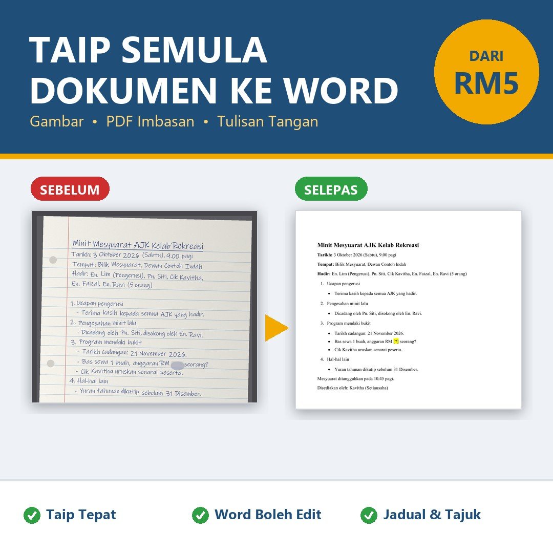 Servis Taip Semula Dokumen - Tukar Gambar ke Word, Convert PDF Imbasan & Tulisan Tangan ke Fail Word Boleh Edit