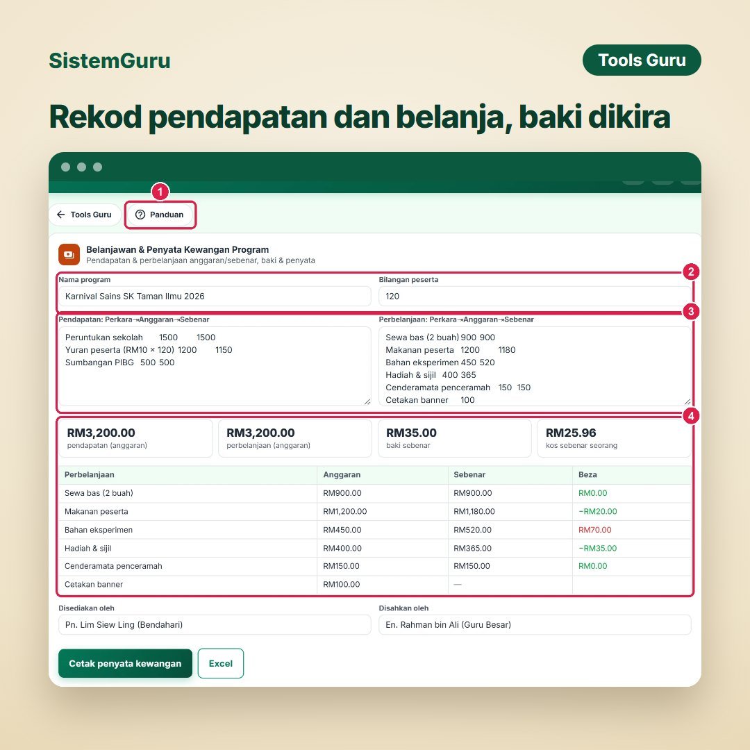 Rekod pendapatan dan belanja, baki dikira