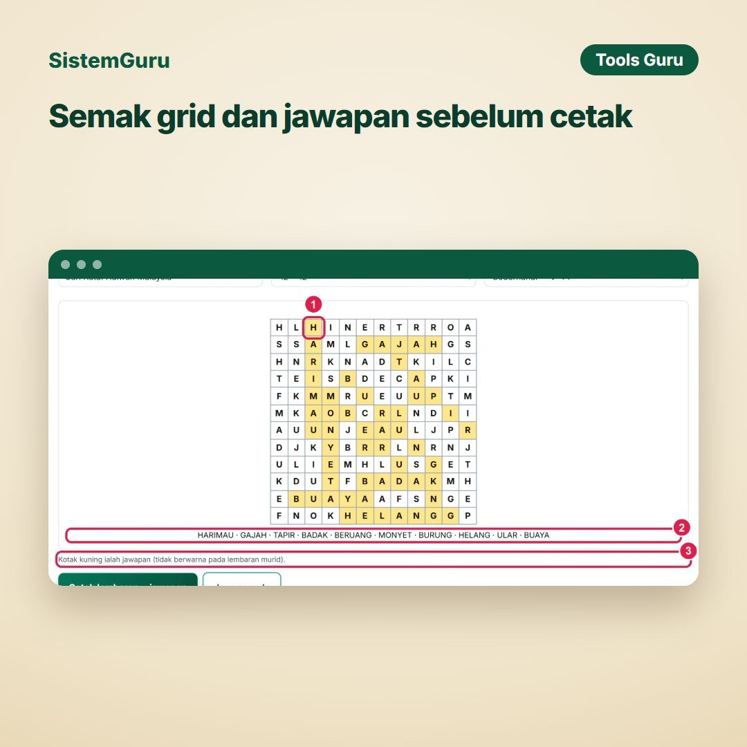 Semak grid dan jawapan sebelum cetak