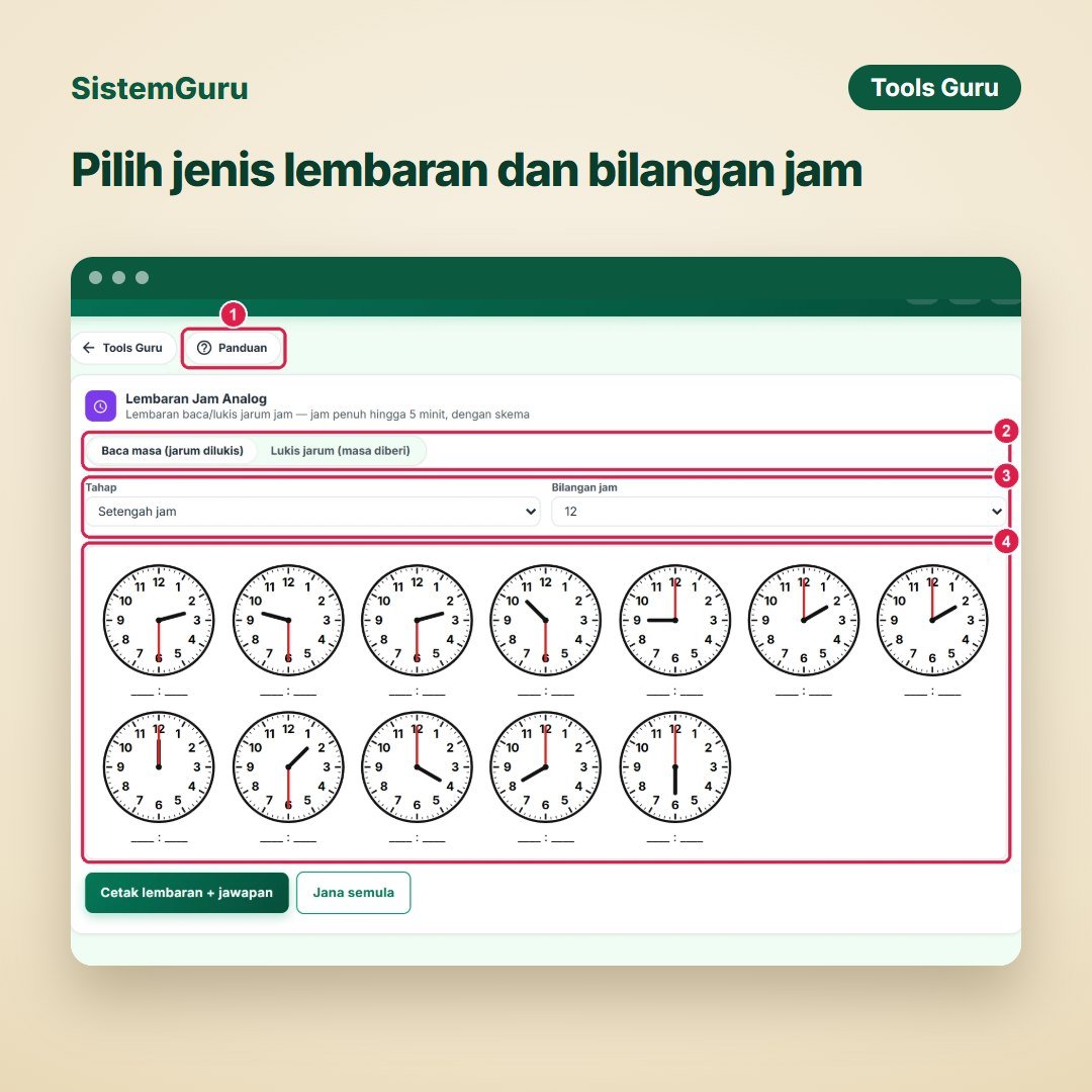 Pilih jenis lembaran dan bilangan jam
